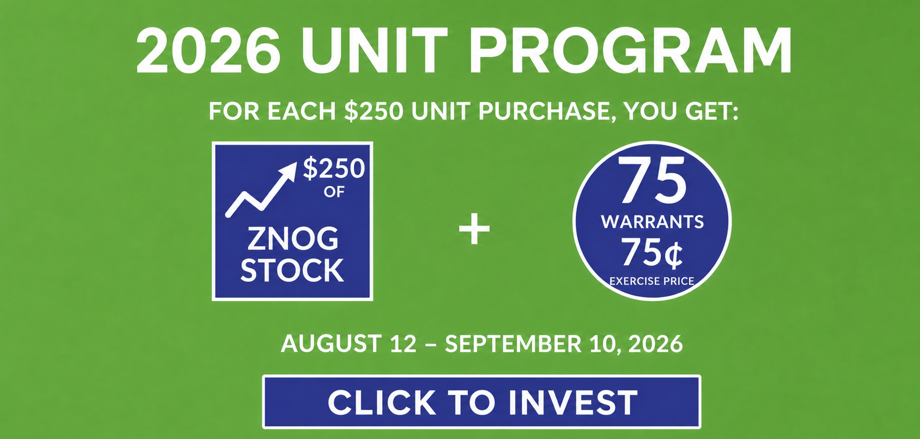 2026 Unit Program: $250 in Zion common stock plus 75 warrants, with a 75-cent exercise price. Click to invest.